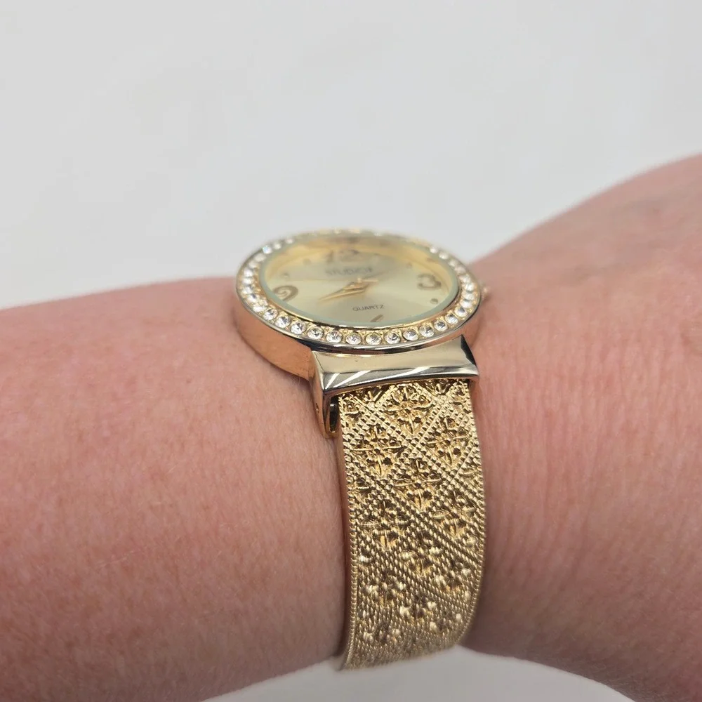 Studio Time Womens Gold Tone Crystal Bezel Cuff Watch STD3563T Textured Band